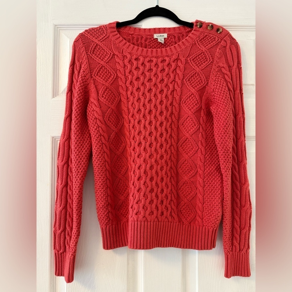 L.L Bean Women’s Fuchsia Cable Knot Fisherman Sweater 100% Cotton Size X Small
